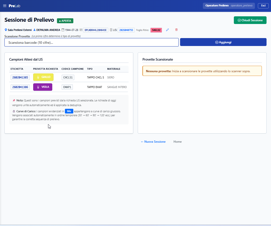 Sessione di prelievo PRELAB